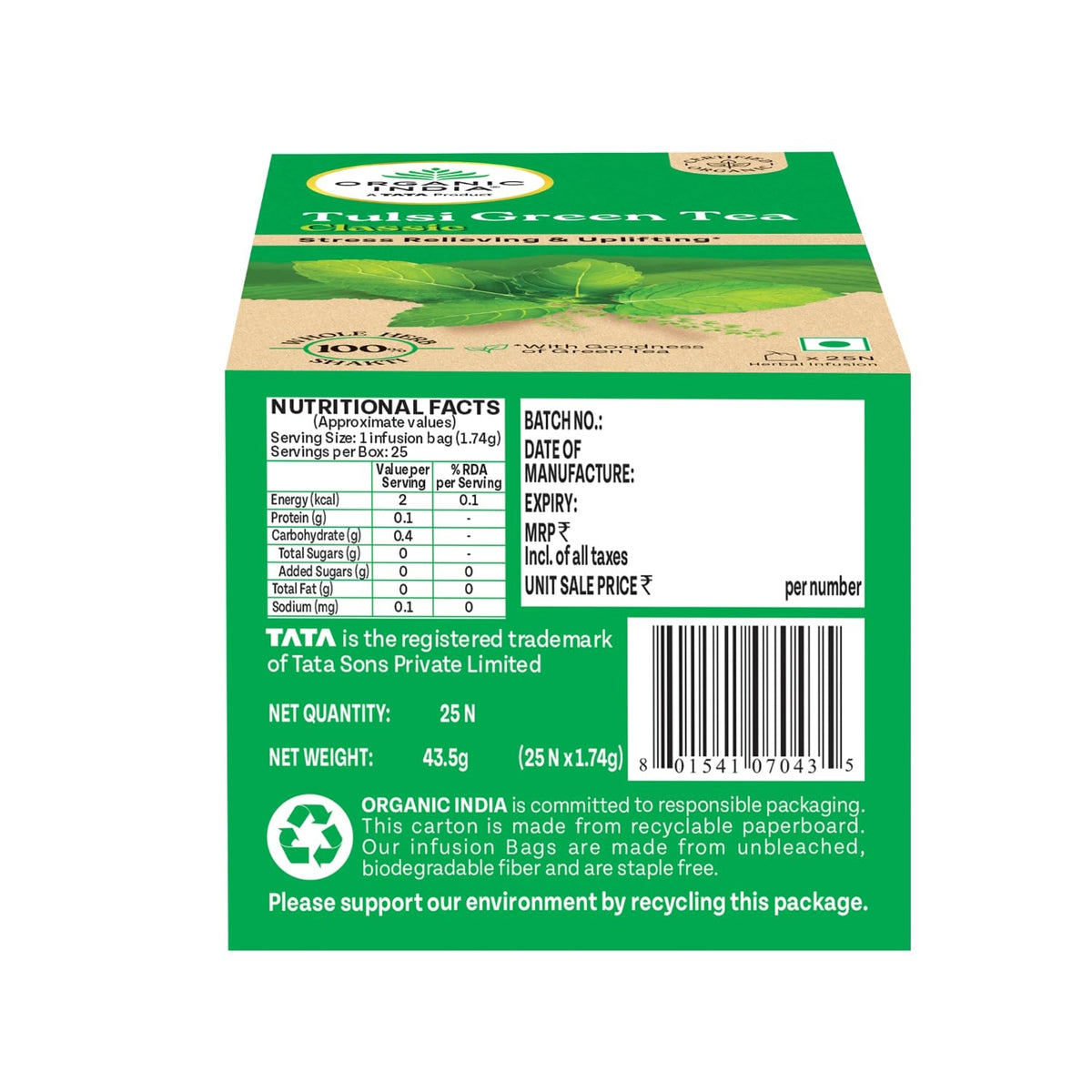 ORANIC INDIA TULSI GREEN TEA CLASSIC 25S TEA BAG
