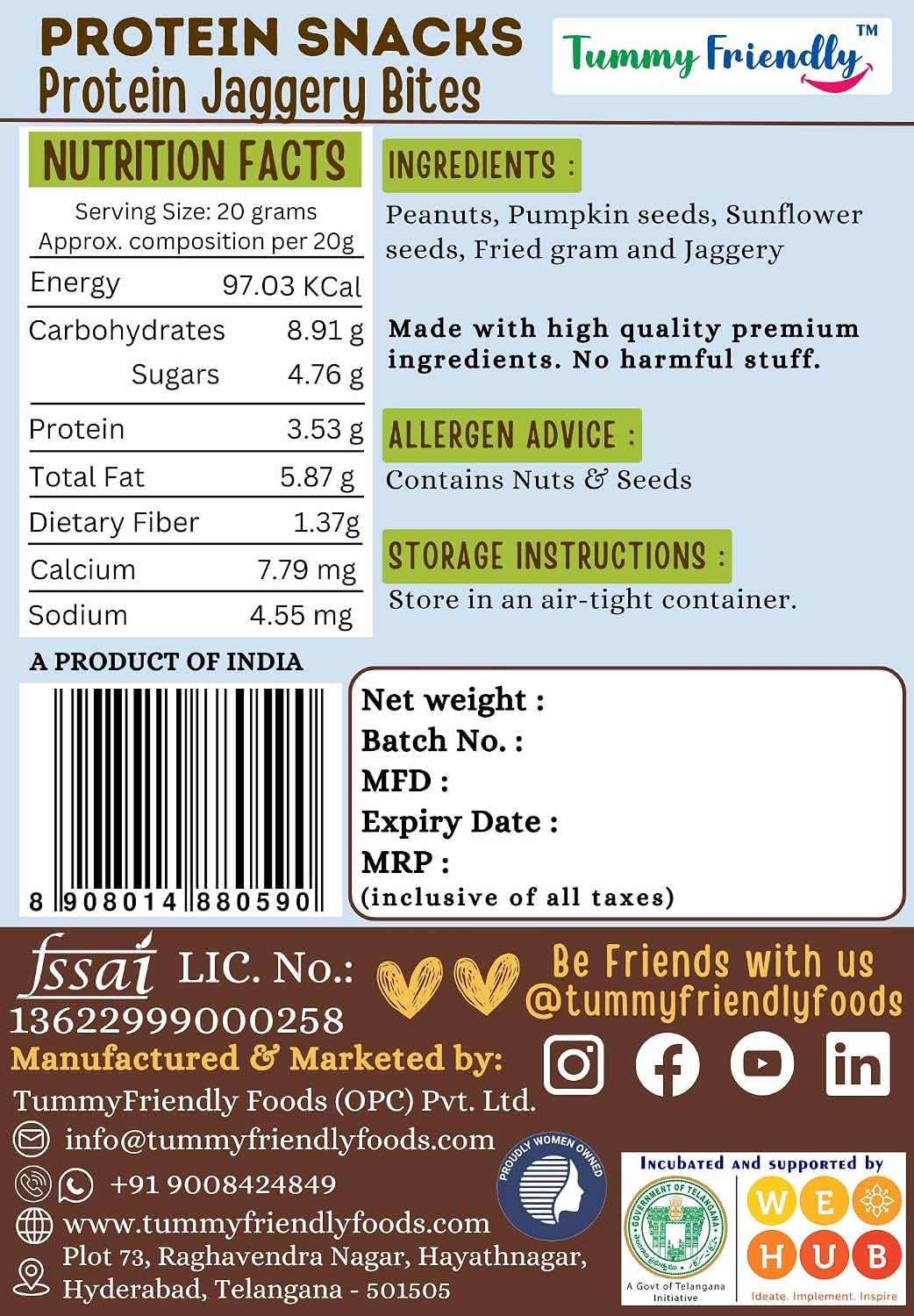 TUMMYFRIENDLY FOODS PROTEIN SNACKS- PROTEIN JAGGERY BITES-70 GM