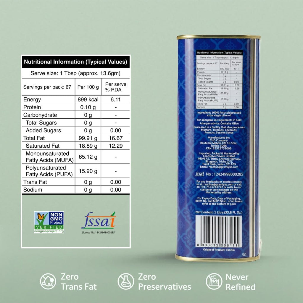 GRAMIYAA EXTRA VIRGIN OLIVE OIL 1 LTR TIN