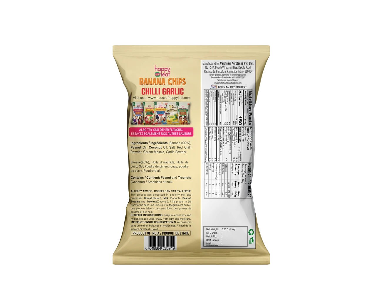 HAPPY LEAF BANANA CHIPS CHILLI GARLIC 110 GM