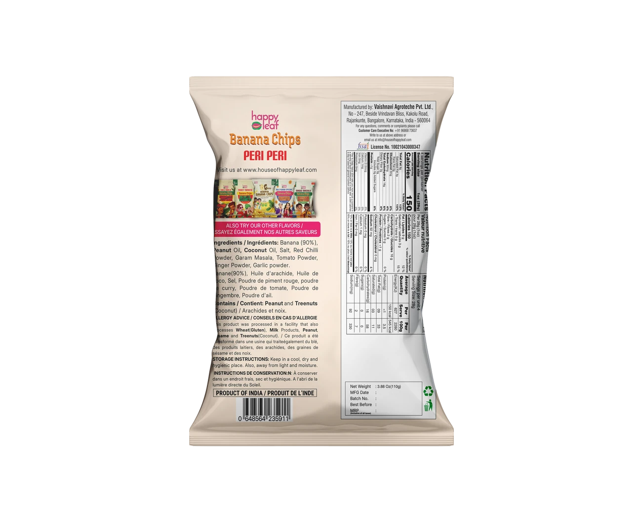 HAPPY LEAF BANANA CHIPS PERI PERI 110 GM
