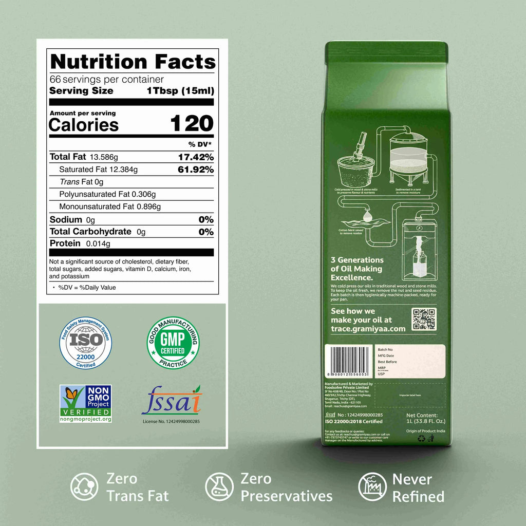 Gramiyaa Wood Cold Pressed Coconut Oil 1L