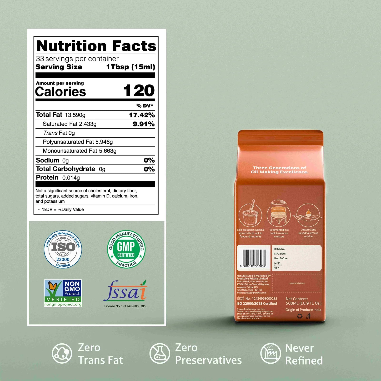 Gramiyaa Wood Cold Pressed Sesame Oil 500Ml