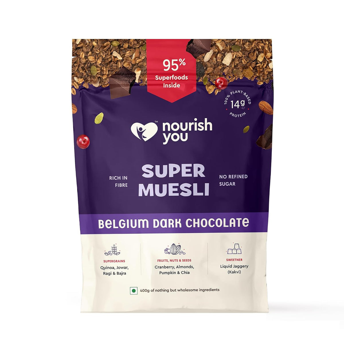 NOURISH SUPER MUESLI BELGIUM DARK CHOCOLATE 400 GM