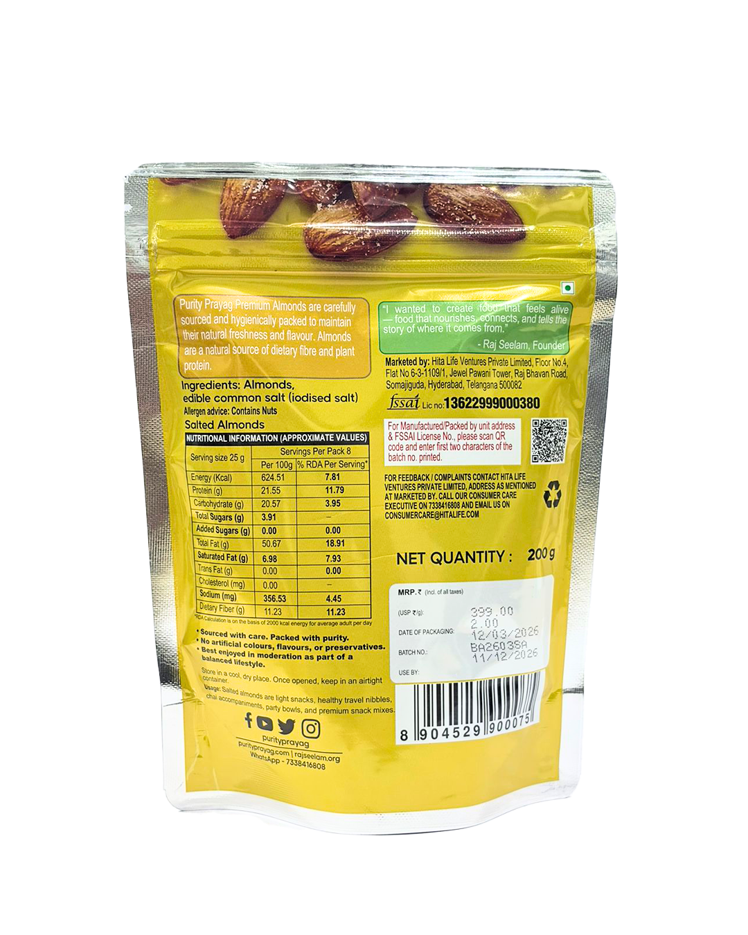 Purity Prayag Salted Almonds 200g