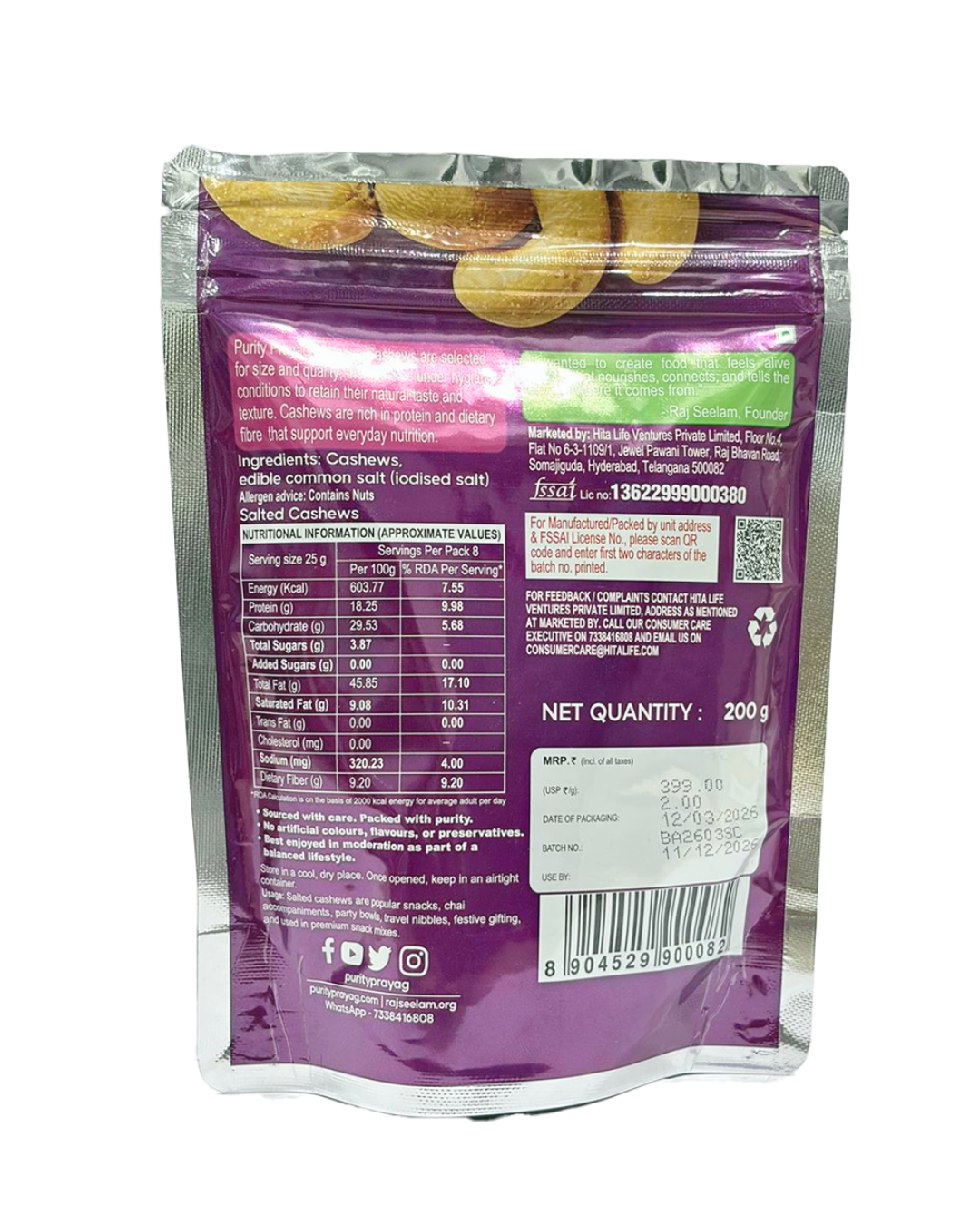 Purity Prayag Salted Cashews 200g