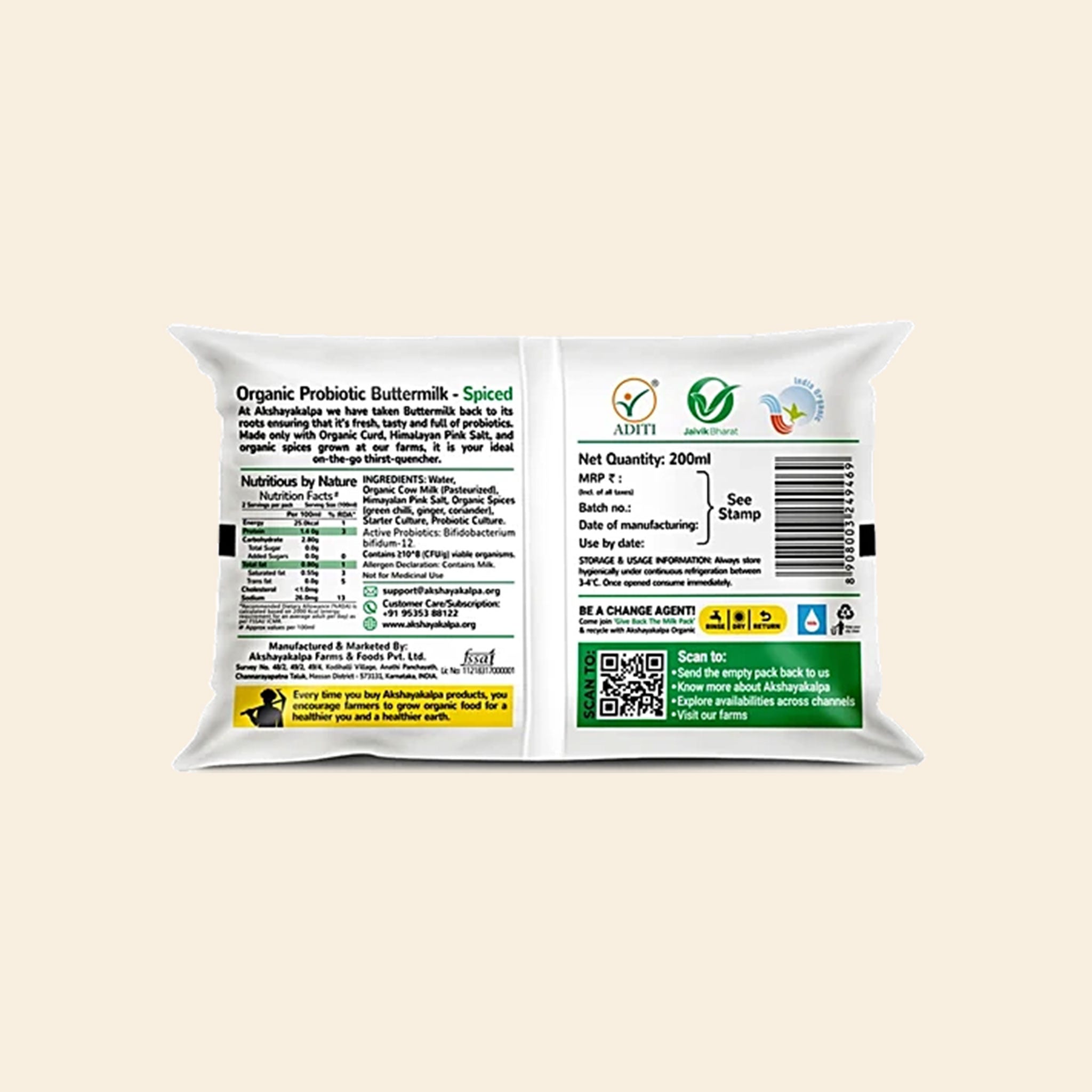 Akshayakalpha Probiotic A2 Butter Milk Spiced 200 Ml