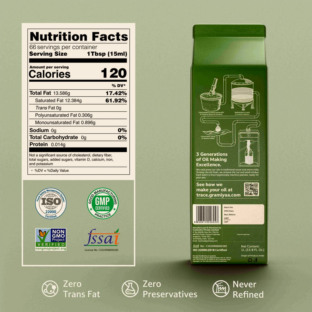 Gramiyaa Wood Cold Pressed Coconut Oil 1L
