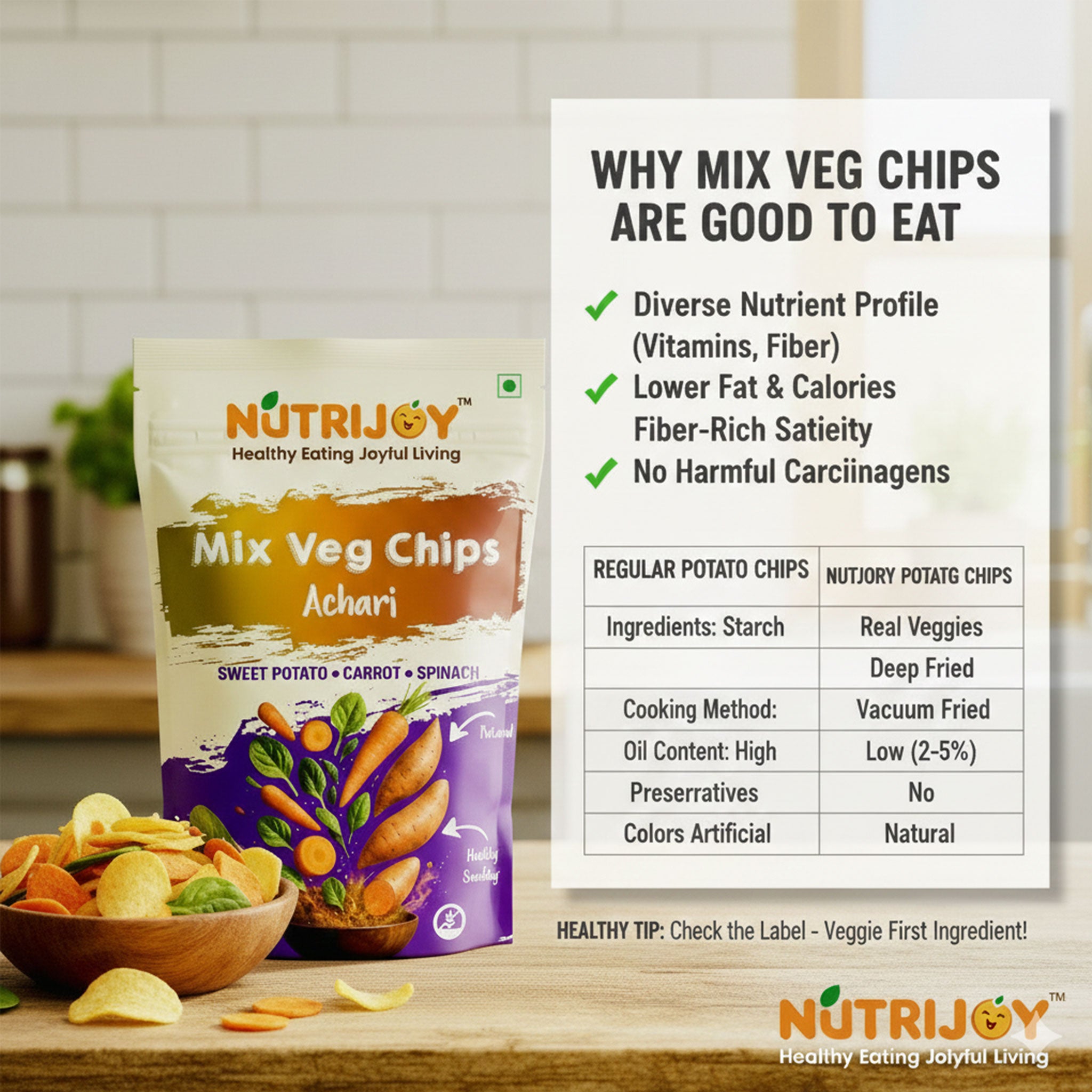 Nutrijoy Mix Veg Chips- Achari 85Gm