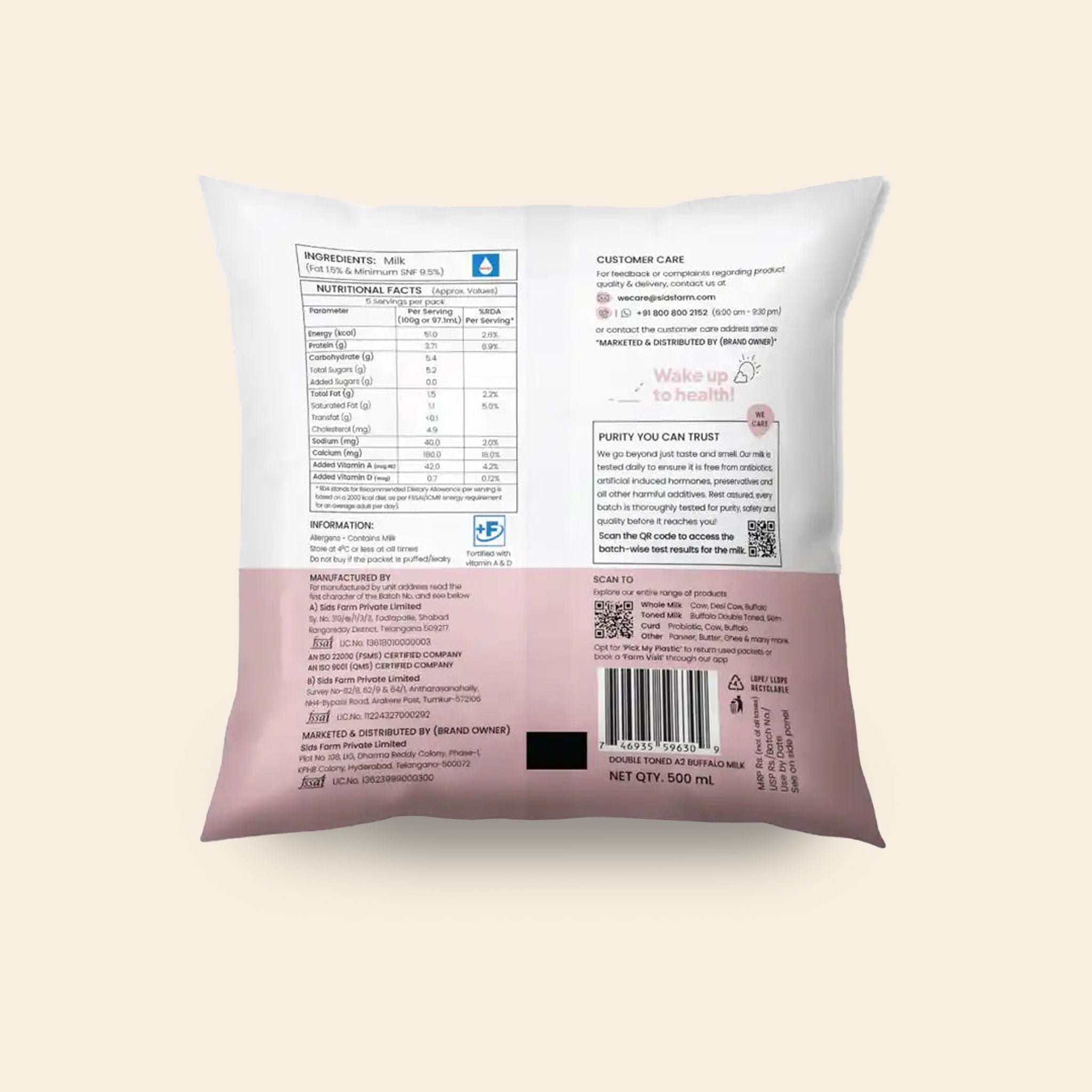 Sids Farm A2 Buffalo Milk Double Toned 500 Ml